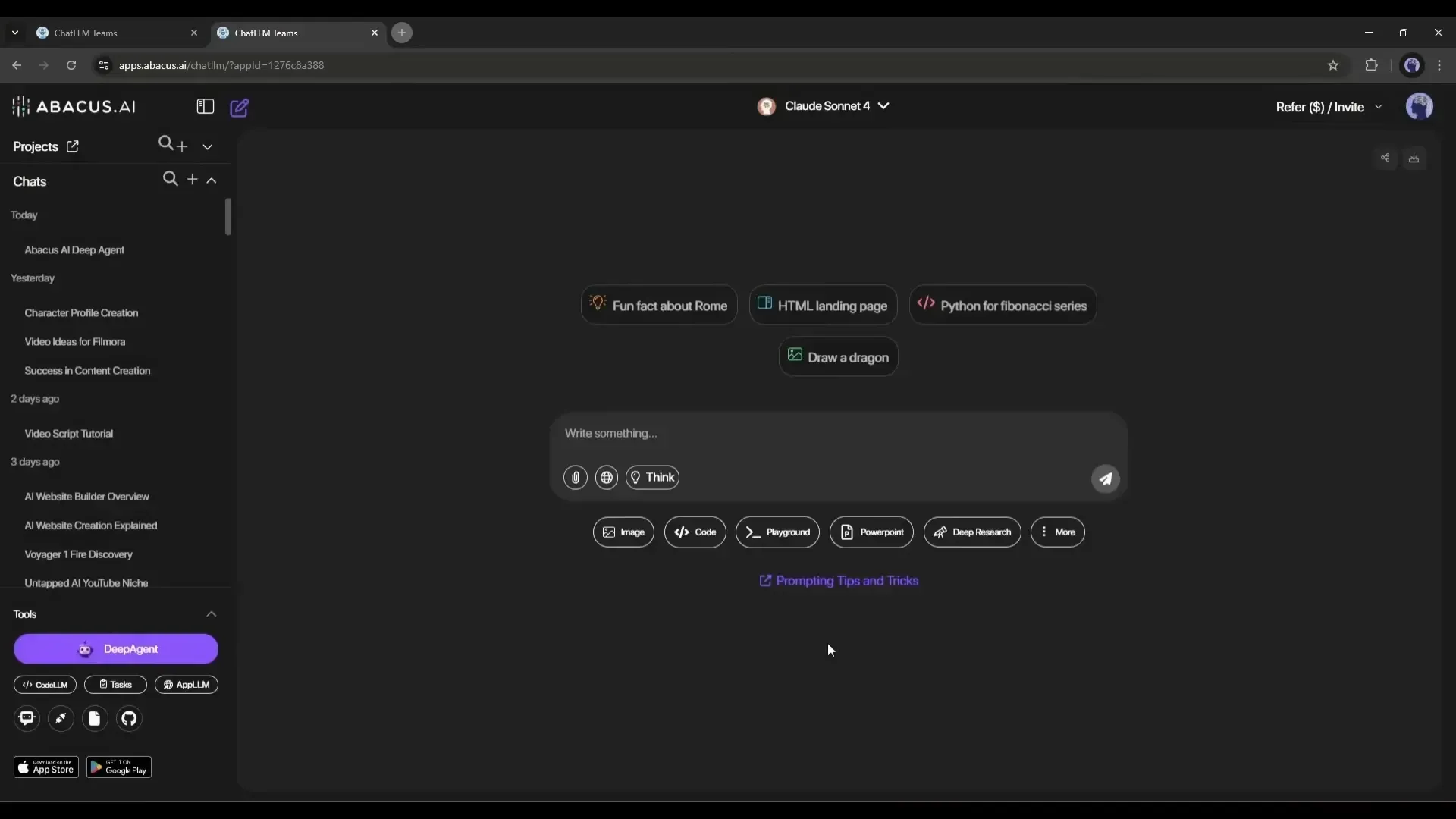 Abacus.AI chat interface showing a dropdown menu to select LLMs like GPT-4.1, Claude Sonnet, and Gemini 2.5 Pro.