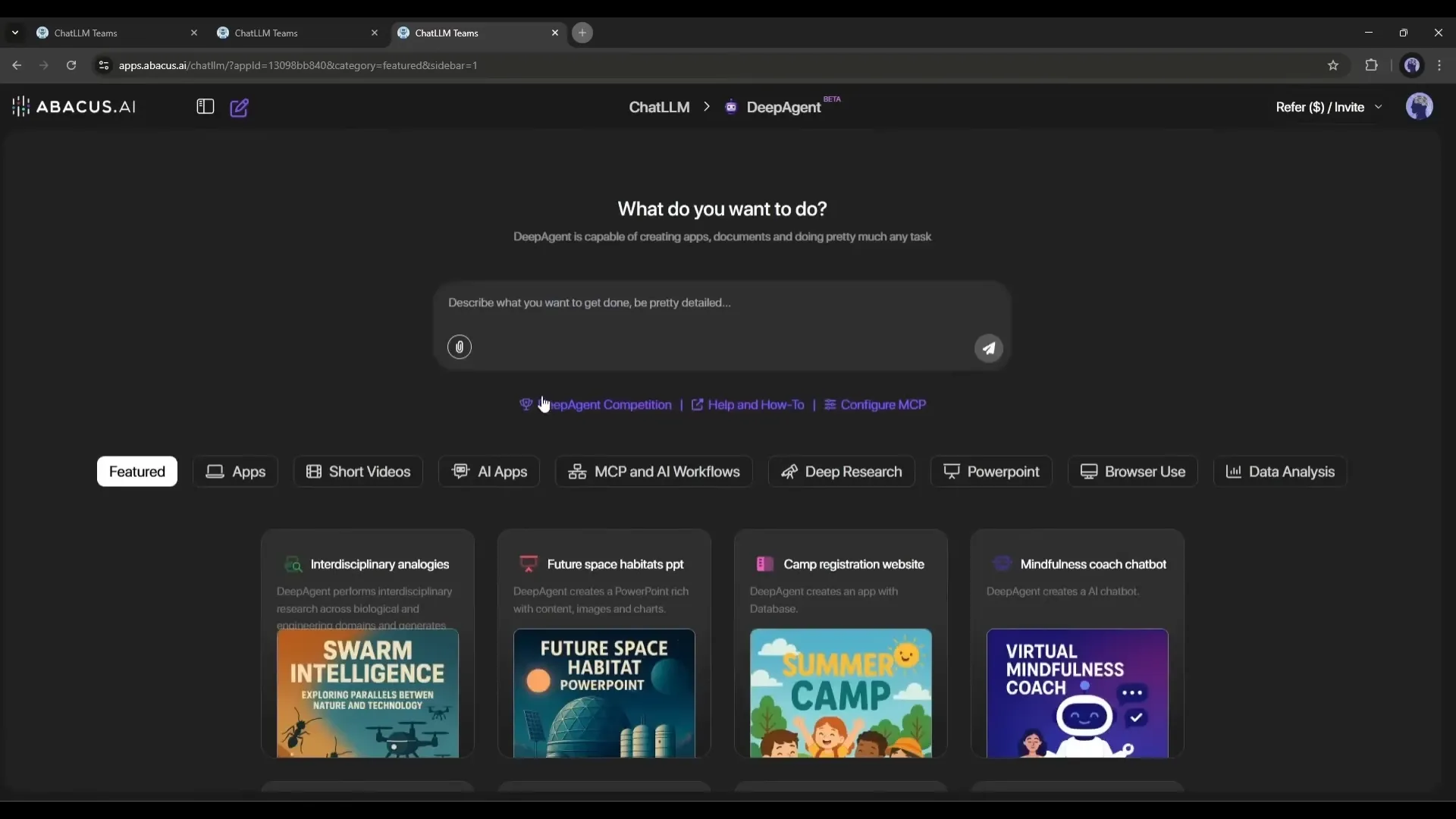 Abacus.AI DeepAgent dashboard with prompt input at the top and featured project cards like Swarm Intelligence and Summer Camp below.