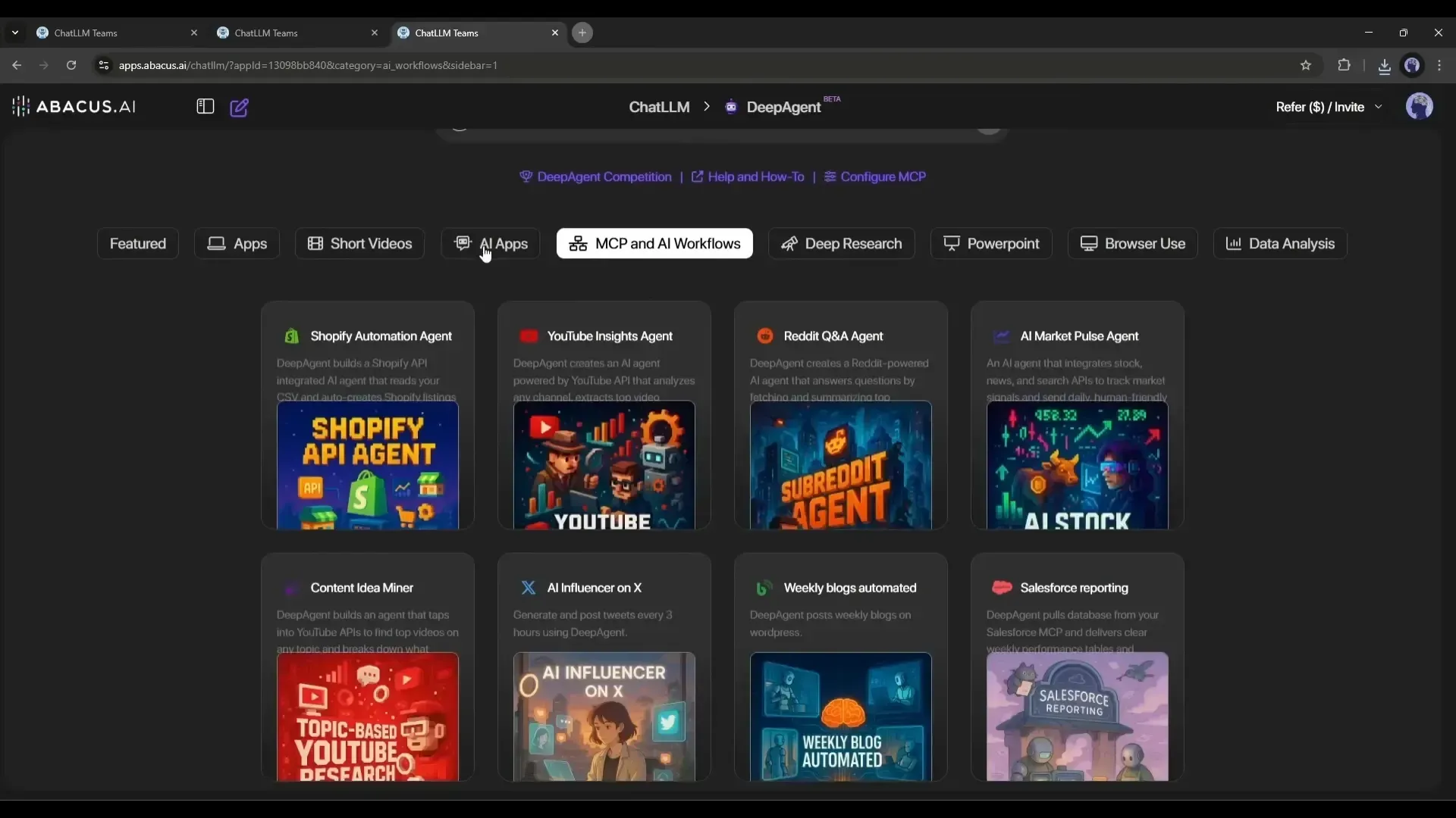 Abacus.AI DeepAgent showing MCP and AI Workflows tab with agents like Shopify Automation, YouTube Insights, Reddit Q&A, and AI Influencer tools.