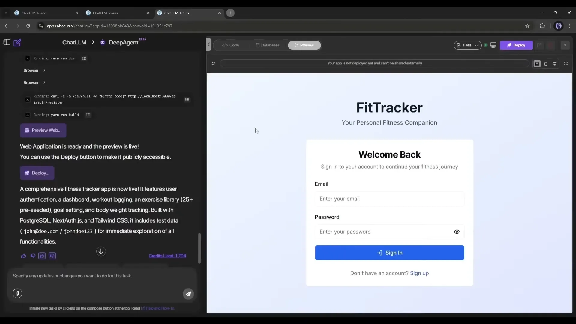 Abacus.AI DeepAgent interface showing deployment of a fitness tracker app with a live preview of the FitTracker login screen.
