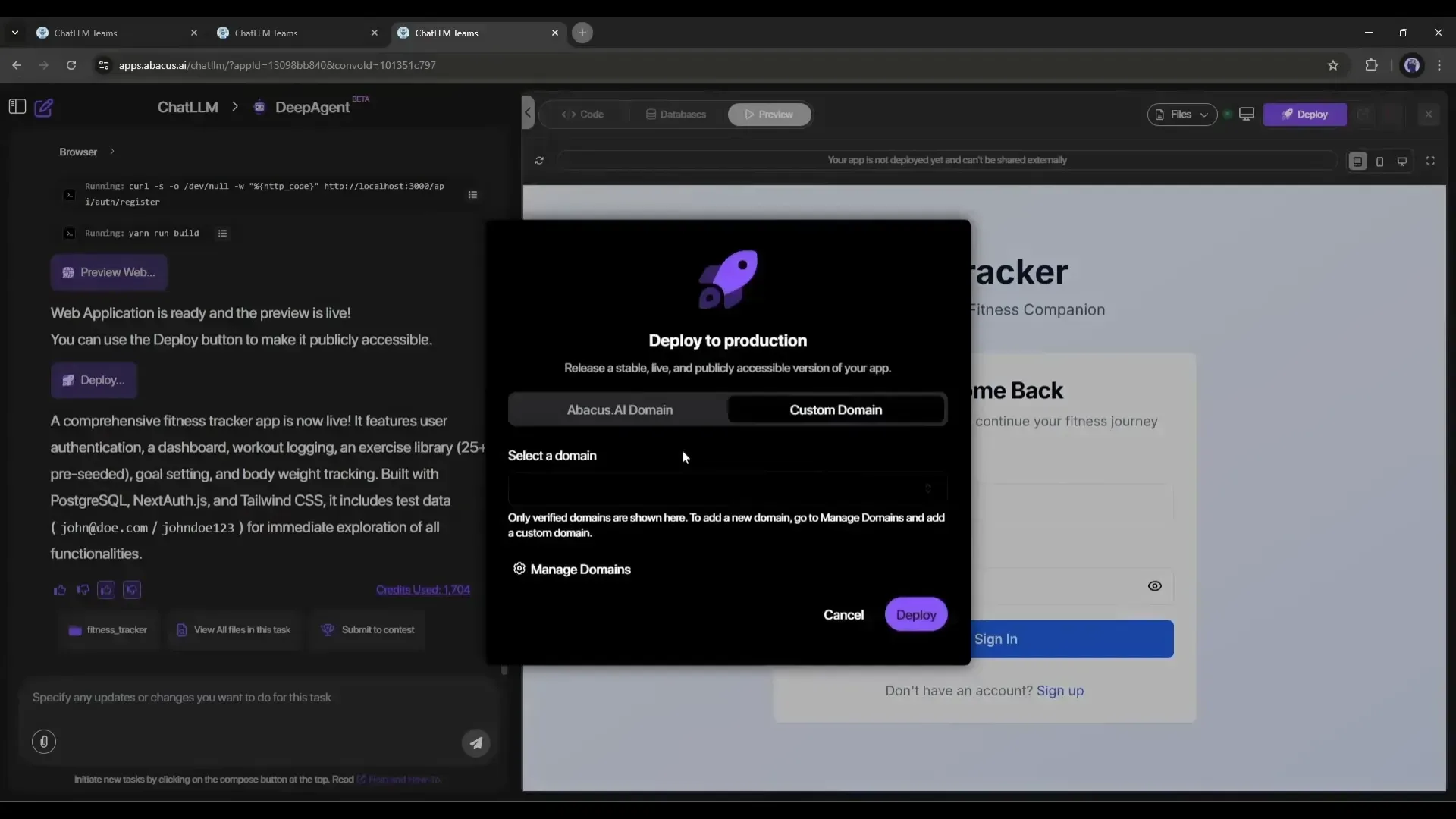 Abacus.AI DeepAgent showing a “Deploy to production” popup with options to choose Abacus domain or custom domain for publishing the FitTracker app.