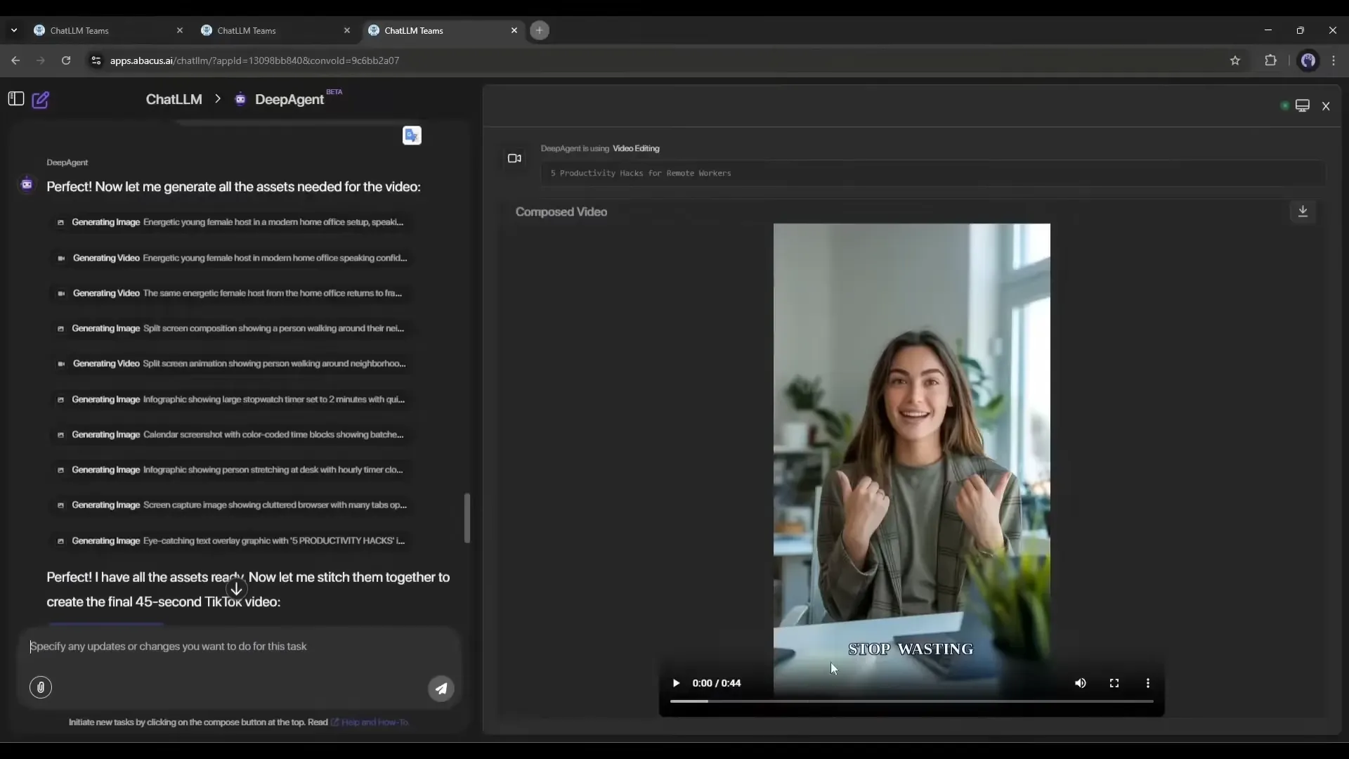 Abacus.AI DeepAgent generating a TikTok-style video with a female host on screen and asset generation logs on the left.