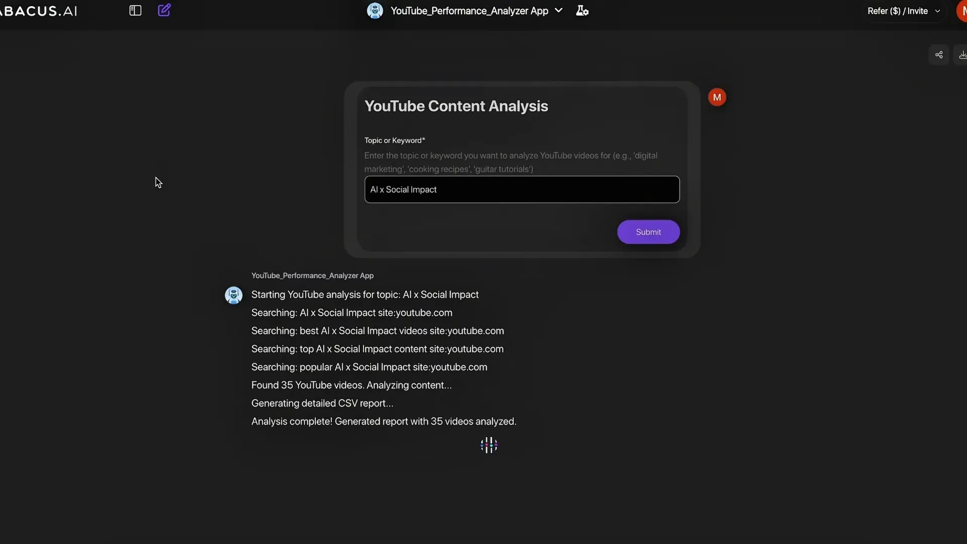 Abacus.AI YouTube Performance Analyzer app analyzing the topic "AI x Social Impact" and generating a report based on 35 videos.