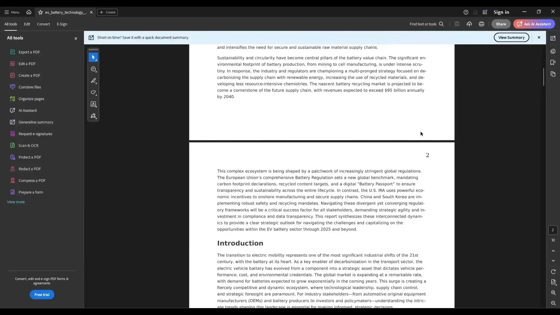 PDF document open in Adobe Acrobat showing battery technology content with tools like AI Assistant and summary options on the left panel.
