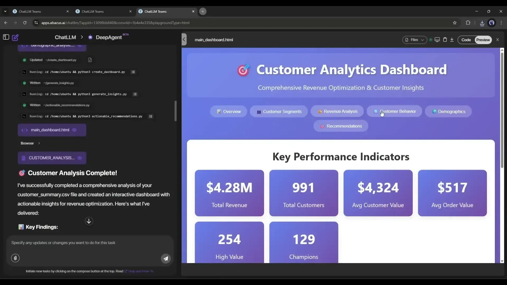 Abacus.AI DeepAgent displaying a completed Customer Analytics Dashboard with KPIs like total revenue, customer value, and order value.