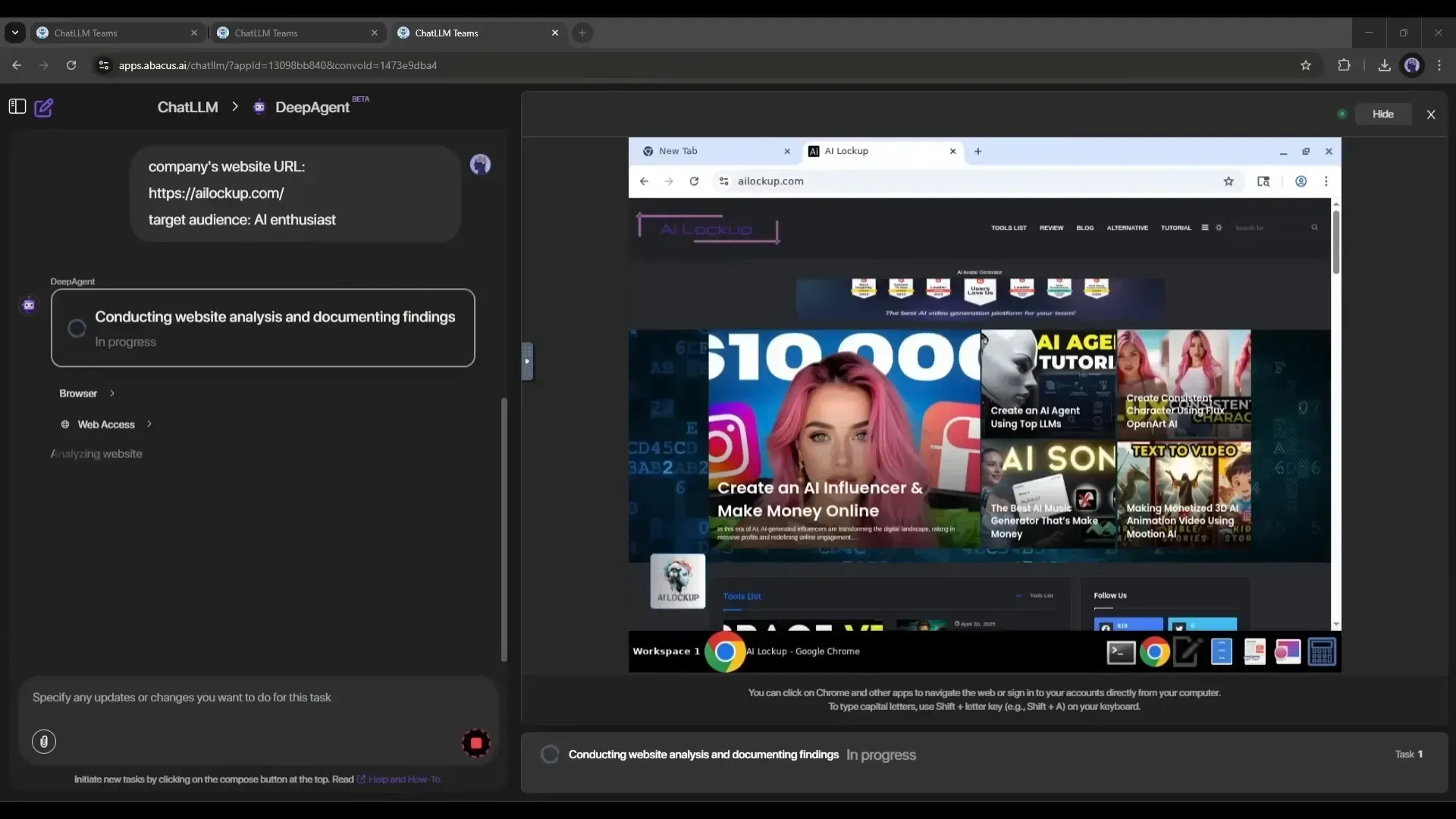 Abacus.AI DeepAgent analyzing the AI Lockup website for AI enthusiasts, with a screenshot of the homepage and analysis in progress.