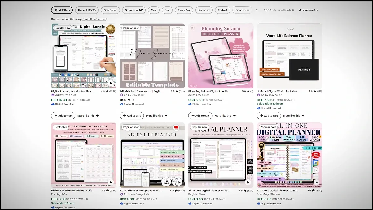 Etsy search results showing digital planner templates for productivity and self-care.