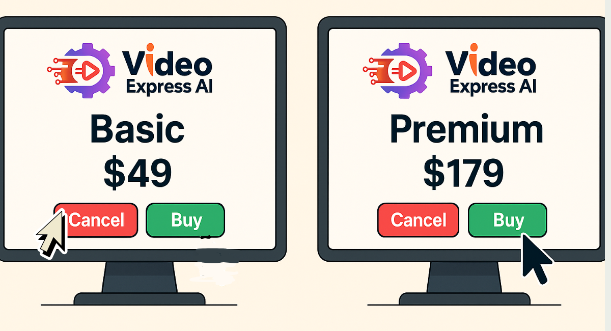 Two side-by-side computer screens showing Basic ($49) and Premium ($179) plans; cursor on “Cancel” for Basic and “Buy” for Premium.