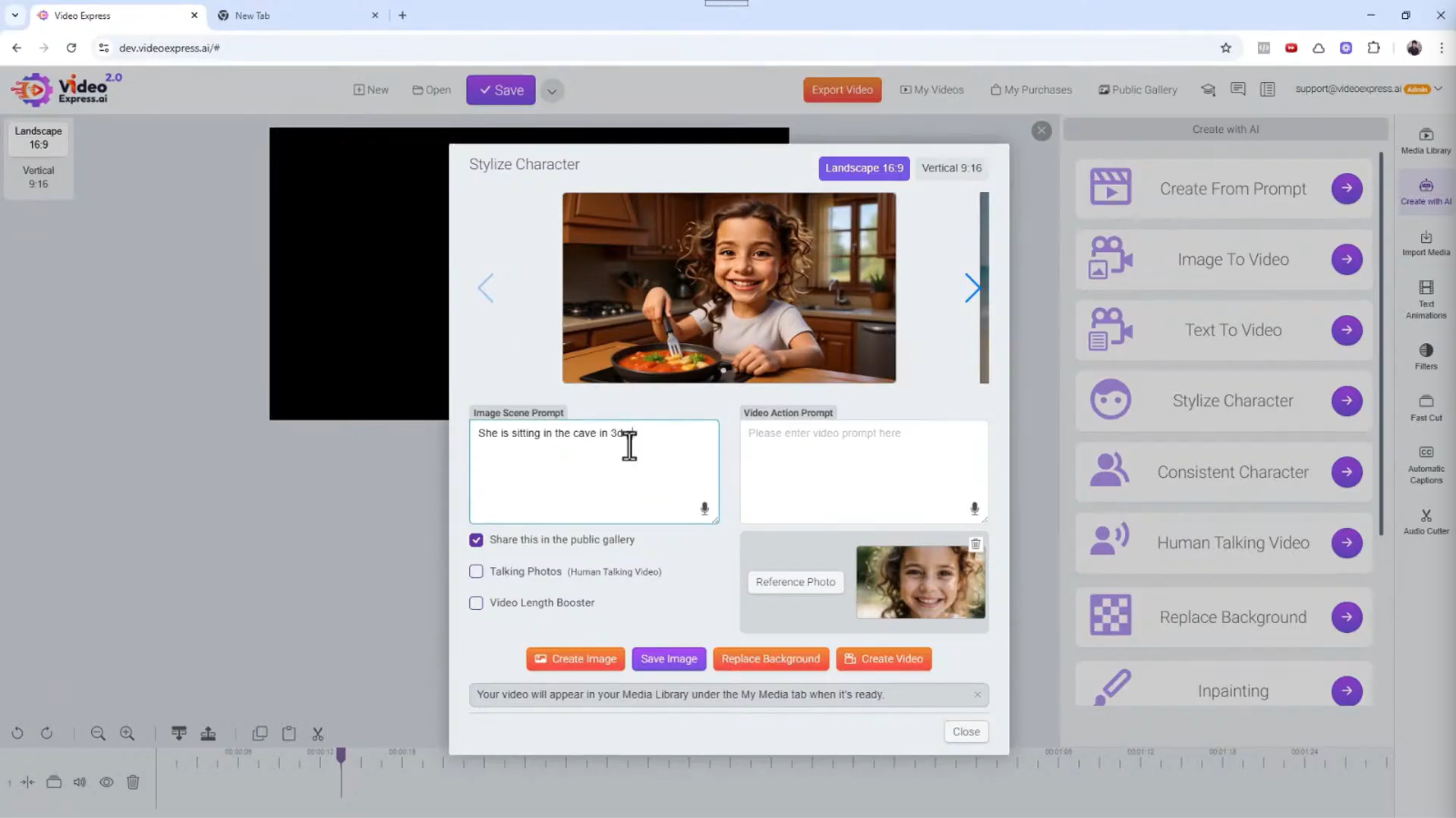 A "Video Express 2.0" application screen showing a "Stylize Character" interface with an image of a young girl eating, and input fields for prompts.