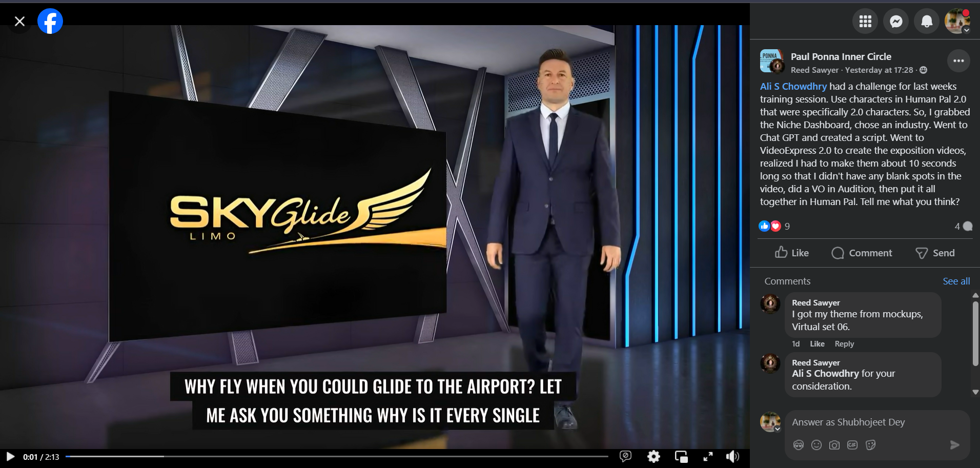 A Facebook video created with VideoExpress AI 2.0 shows a man in a suit in a virtual studio with a "SKYGlide LIMO" screen. Overlaid text reads: "WHY FLY WHEN YOU COULD GLIDE TO THE AIRPORT?"