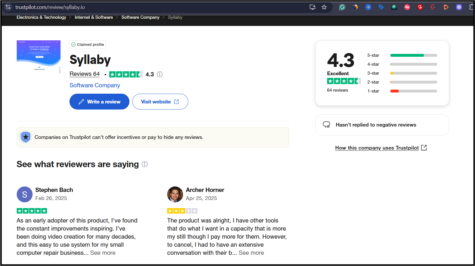 A Trustpilot review page for Syllaby with an average rating of 4.3 stars from 64 reviews. Includes user reviews from Stephen Bach and Archer Horner with respective feedback.