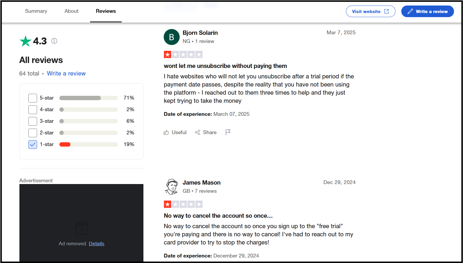 Trustpilot page of Syllaby AI highlighting 1-star reviews from users Bjorn Solarin and James Mason, both complaining about issues with canceling subscriptions and being charged despite attempts to unsubscribe.