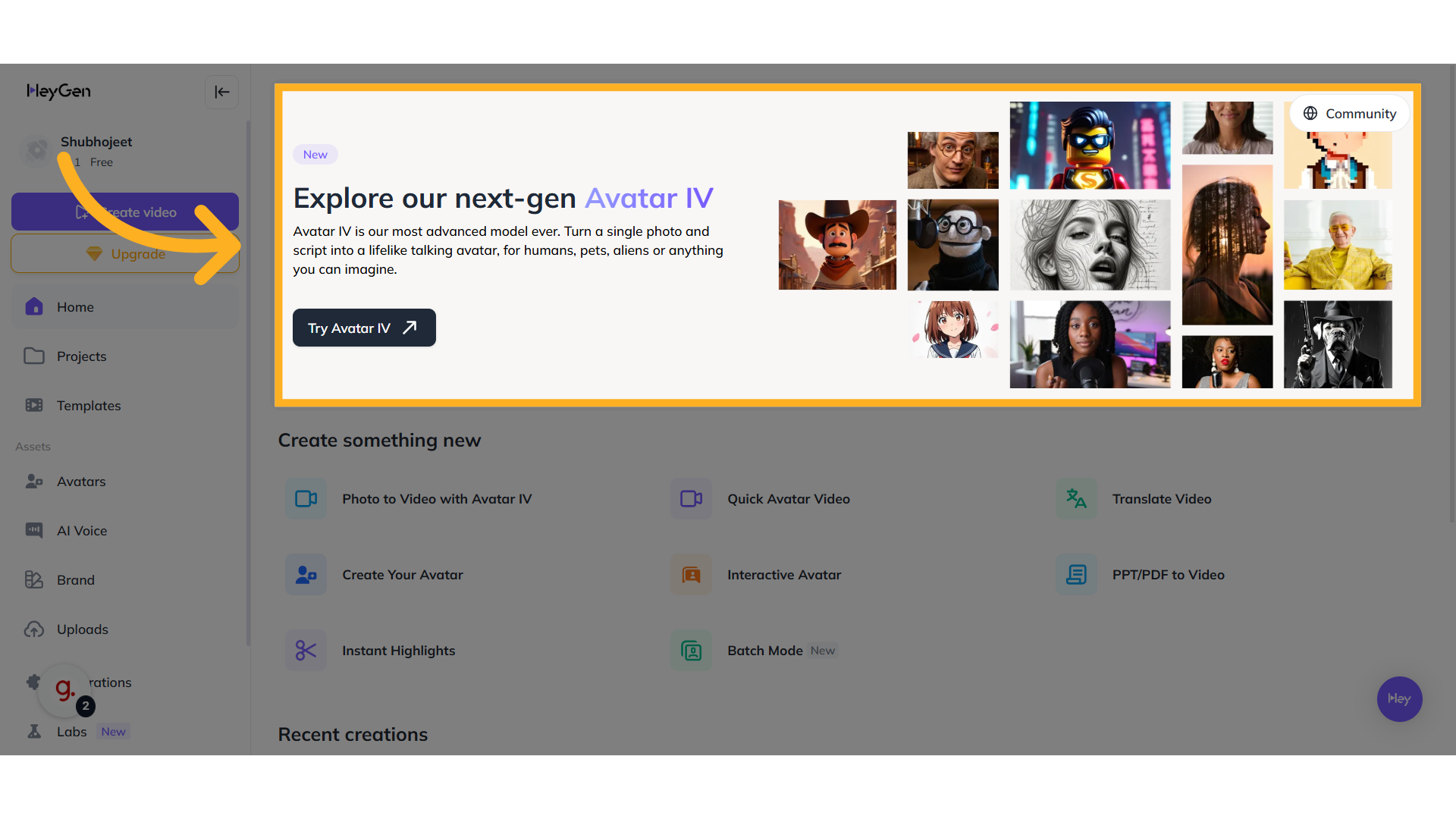 Promotional banner inside HeyGen's dashboard highlighting Avatar IV with an arrow pointing toward the “Create Video” button. The banner features various AI-generated characters and avatars, ranging from humans to animations.