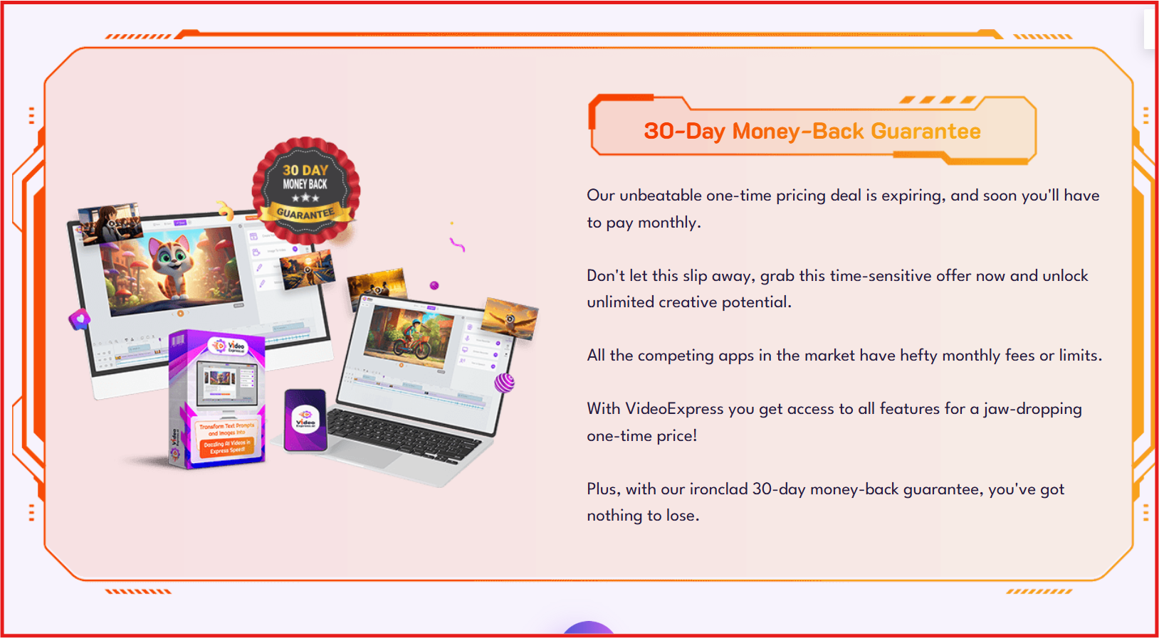 Sales page section showing multiple Video Express displays and a badge with “30-Day Money-Back Guarantee” along with sales copy.
