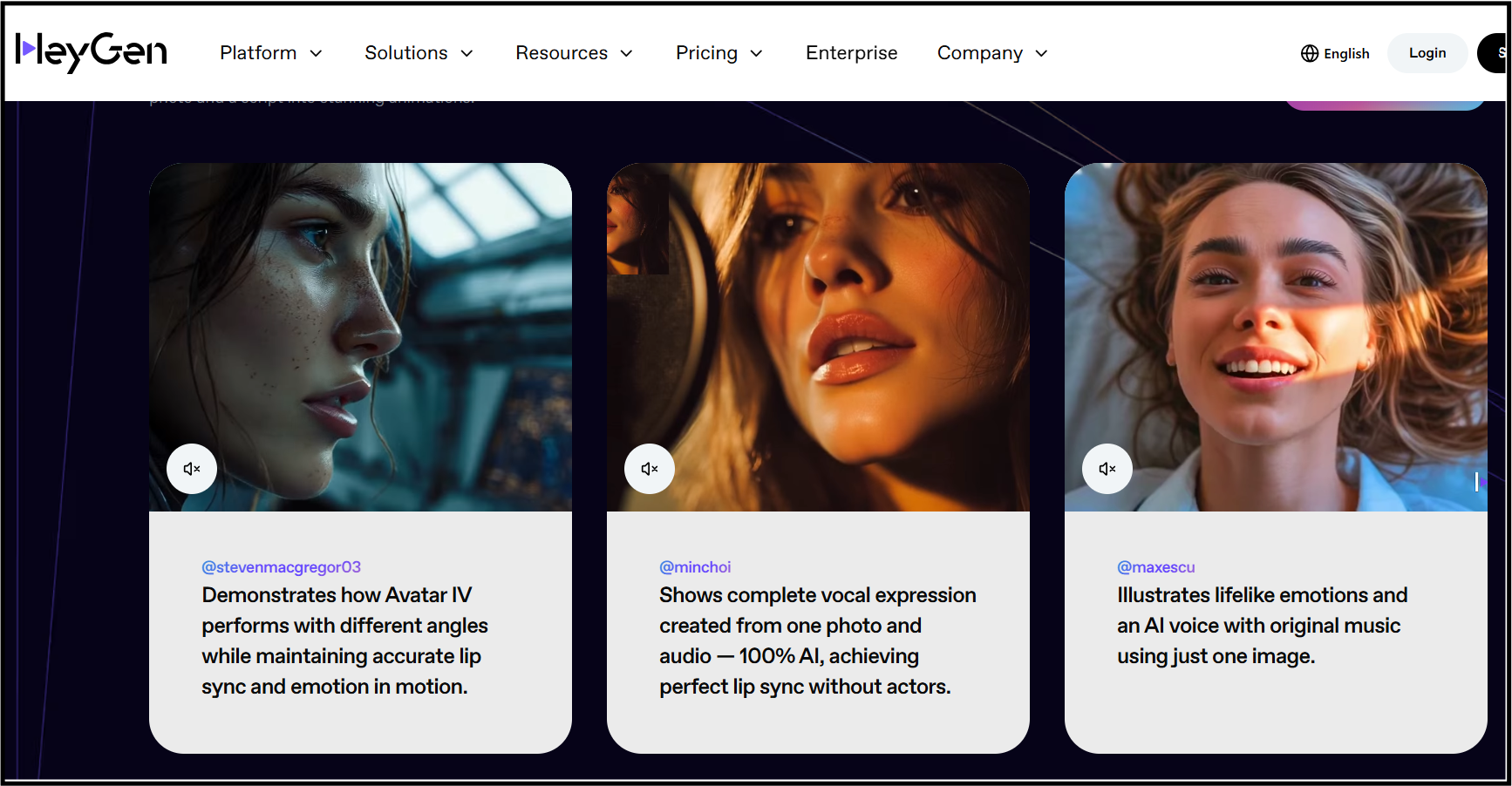 A dark-themed HeyGen interface showcasing three realistic female AI avatars in individual video cards with captions explaining features like emotion in motion, vocal expression with lip sync, and lifelike emotions generated from a single image.