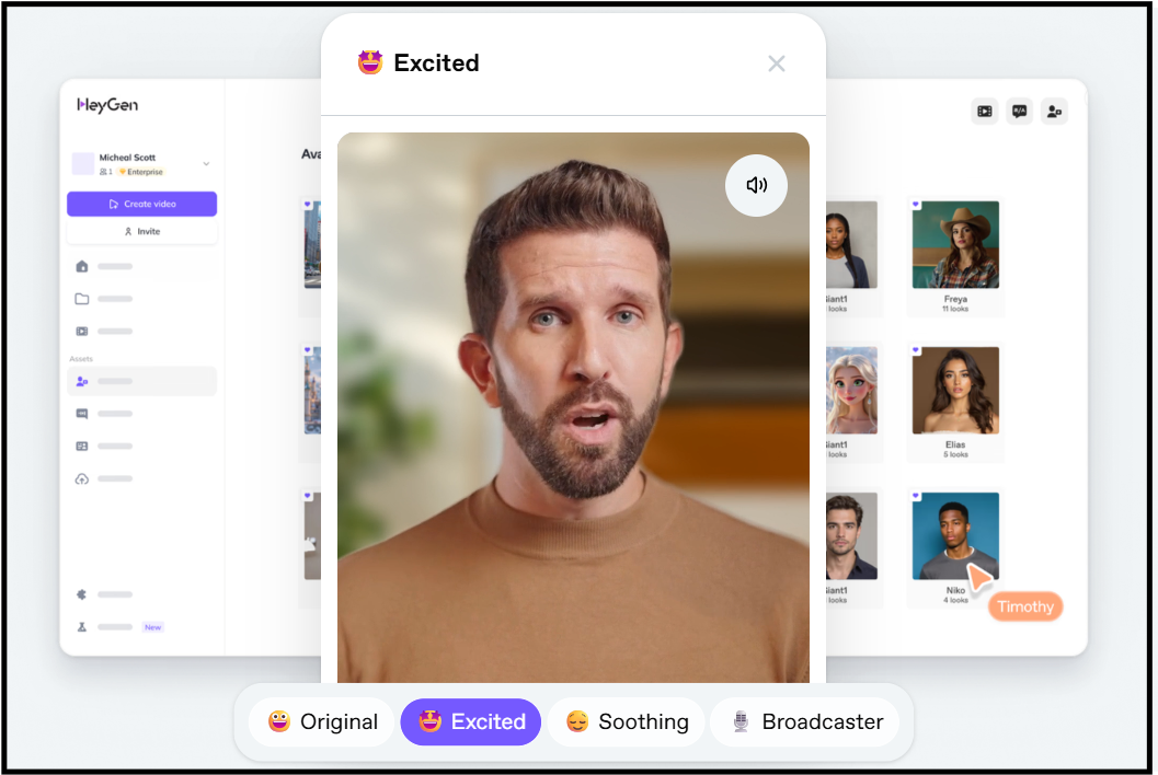 HeyGen's emotion selection interface with a male avatar in the center demonstrating the “Excited” emotion. Below are emotion options like Original, Soothing, and Broadcaster. The side UI shows avatar selection.