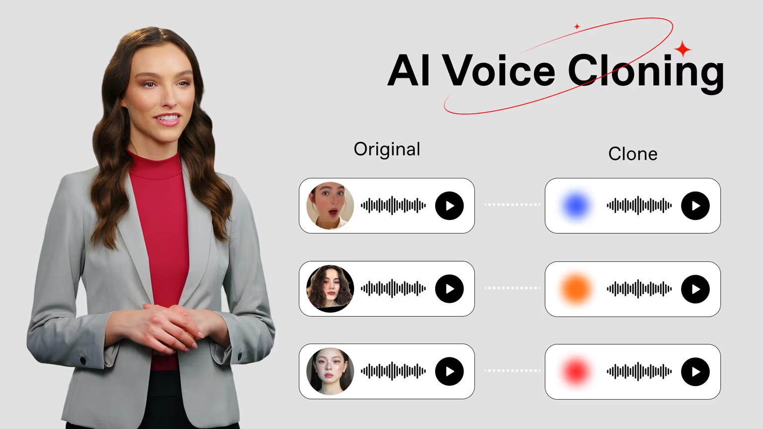 An AI presenter in a gray suit stands beside a demonstration of AI Voice Cloning, showing original voice samples on the left and their AI-generated clones on the right, represented by waveform icons.