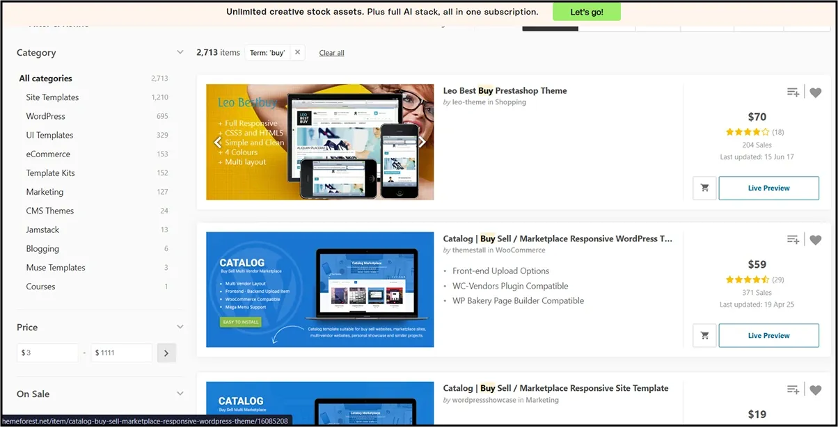 ThemeForest listings for buy-sell marketplace and eCommerce WordPress themes with prices.