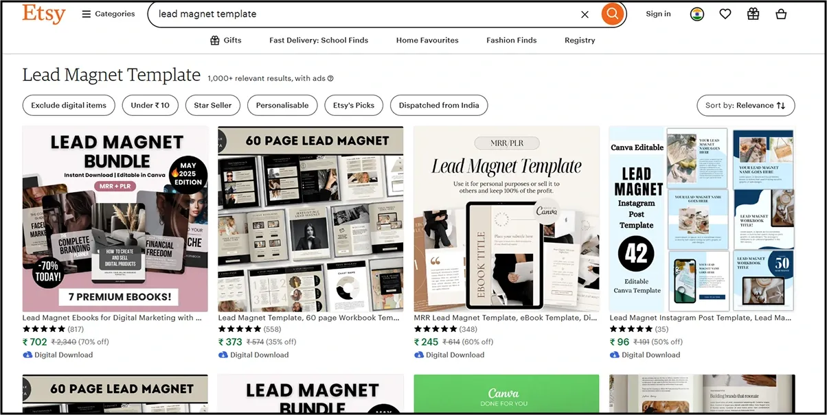 Etsy product listings for various editable lead magnet templates and bundles.