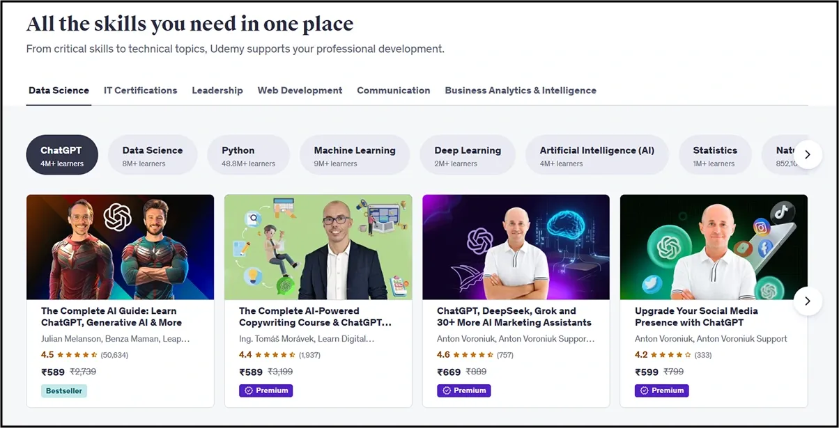 Udemy course listings featuring AI and ChatGPT-related trainings with ratings and prices.