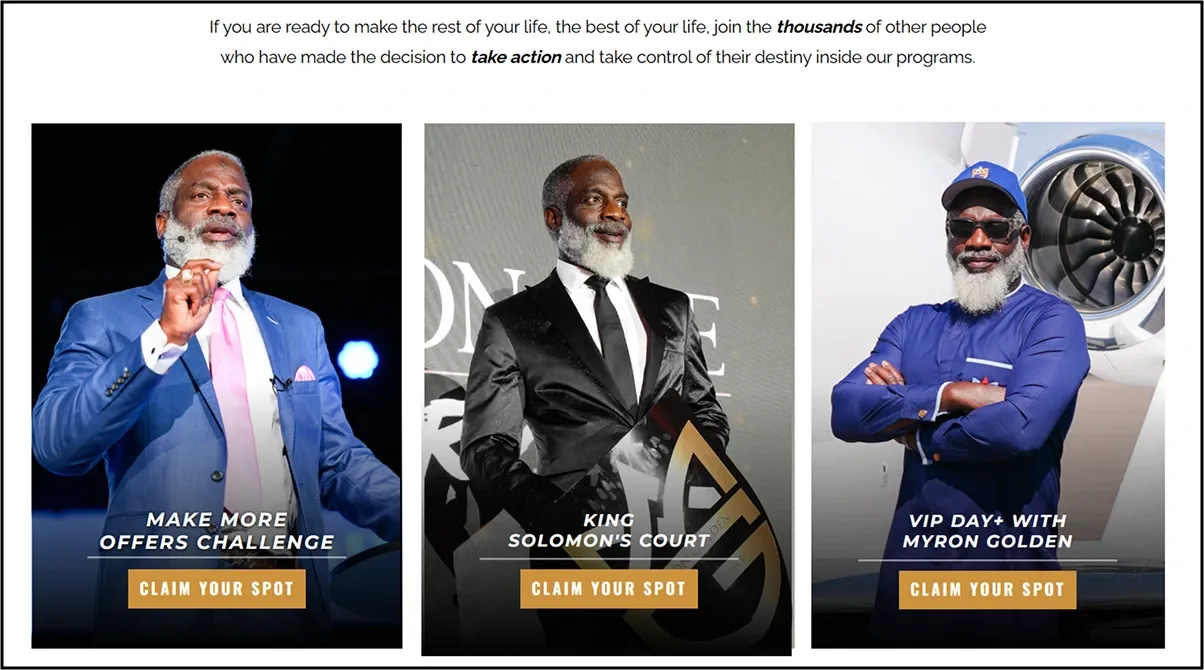 Three promotional banners for Myron Golden's programs: Make More Offers Challenge, King Solomon's Court, and VIP Day+.