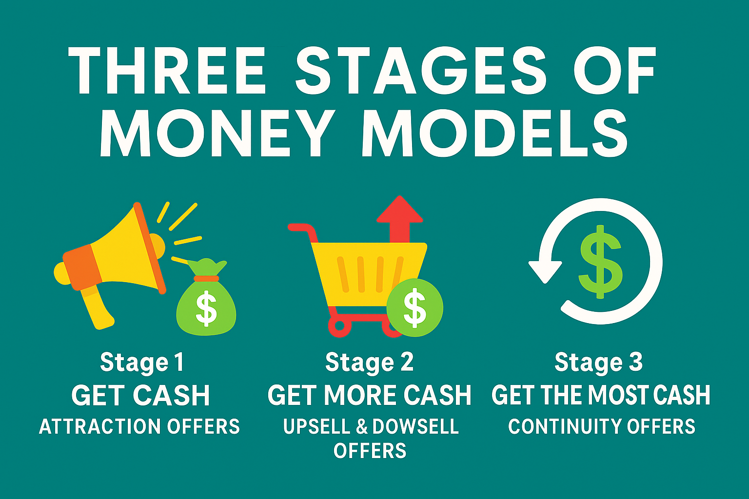 An infographic titled "THREE STAGES OF MONEY MODELS" showing icons for "Get Cash," "Get More Cash," and "Get The Most Cash."