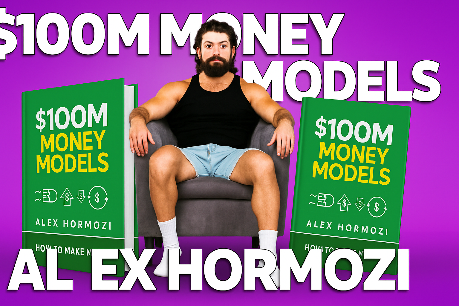 Alex Hormozi seated between two large copies of his "$100M Money Models" book.