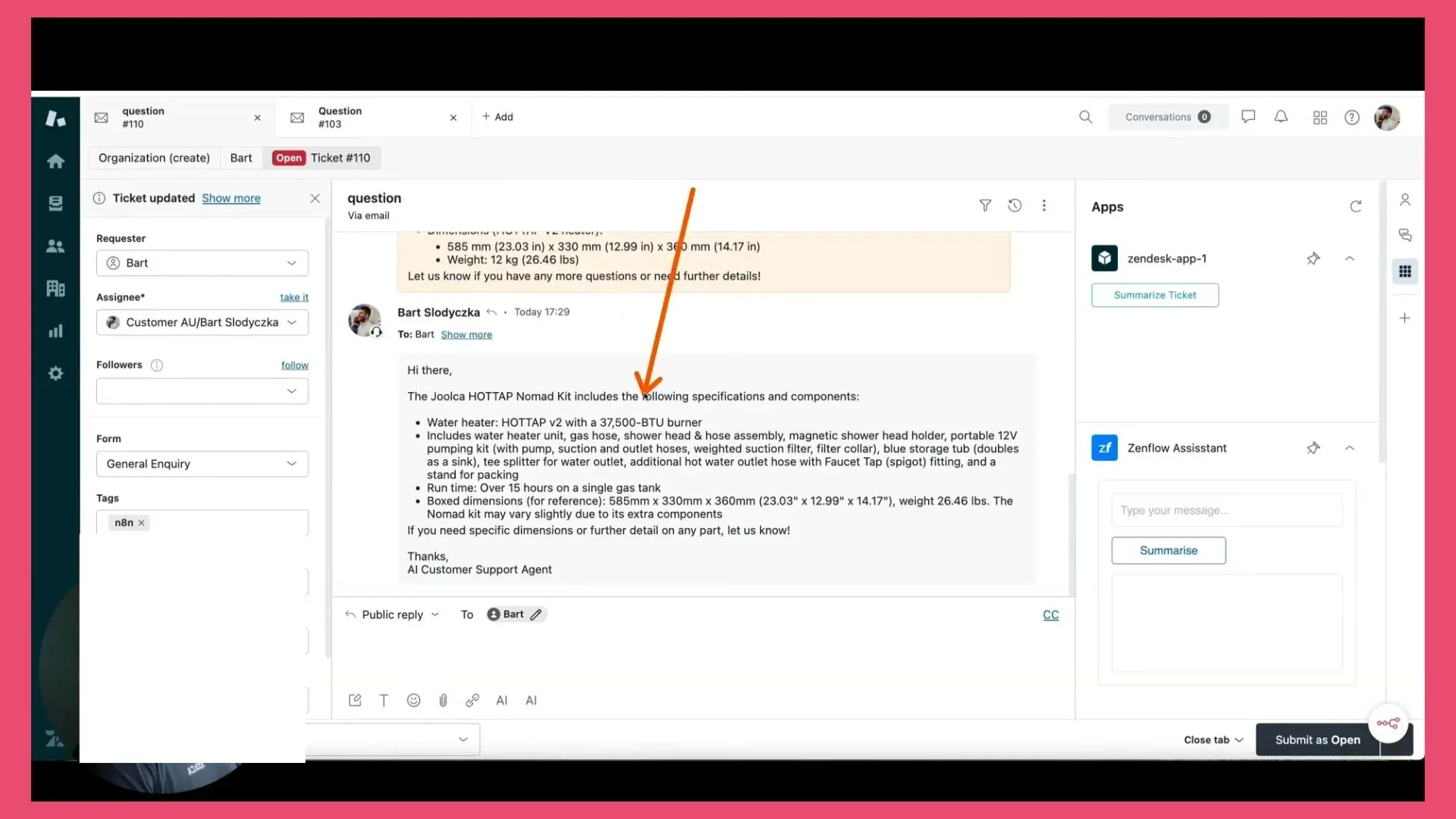 Customer support ticket response view in Zendesk with N8n tag