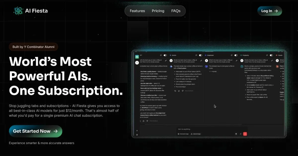 AI Fiesta website screenshot claiming "World’s Most Powerful AIs. One Subscription."