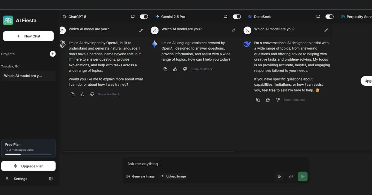 AI Fiesta interface showing multiple models side by side including ChatGPT, Gemini, and DeepSeek.