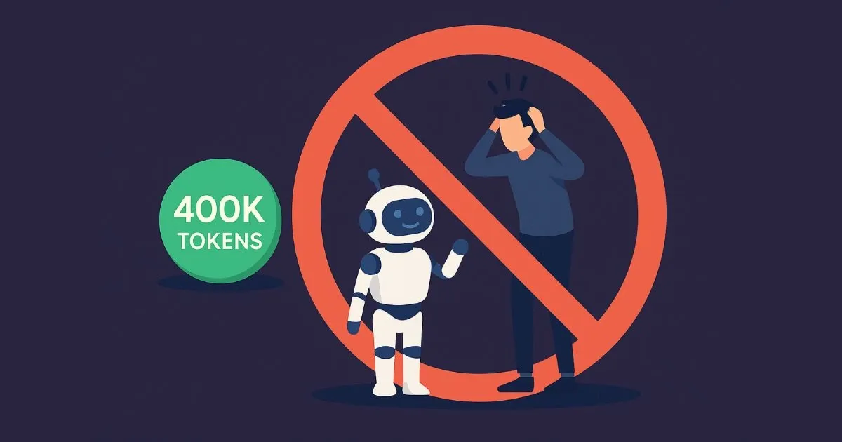 Illustration showing 400K tokens with a robot and frustrated person, symbolizing limited usage.