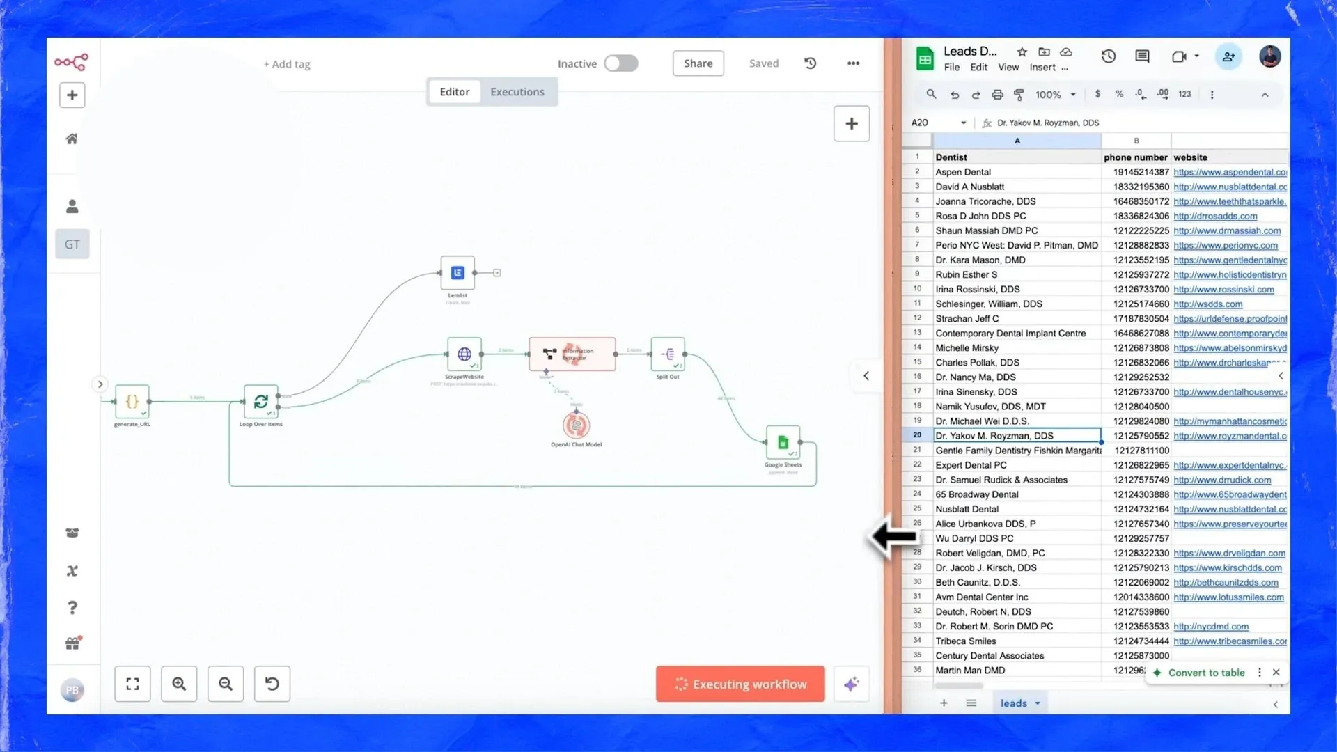 N8n automation scraping data and exporting leads to Google Sheets