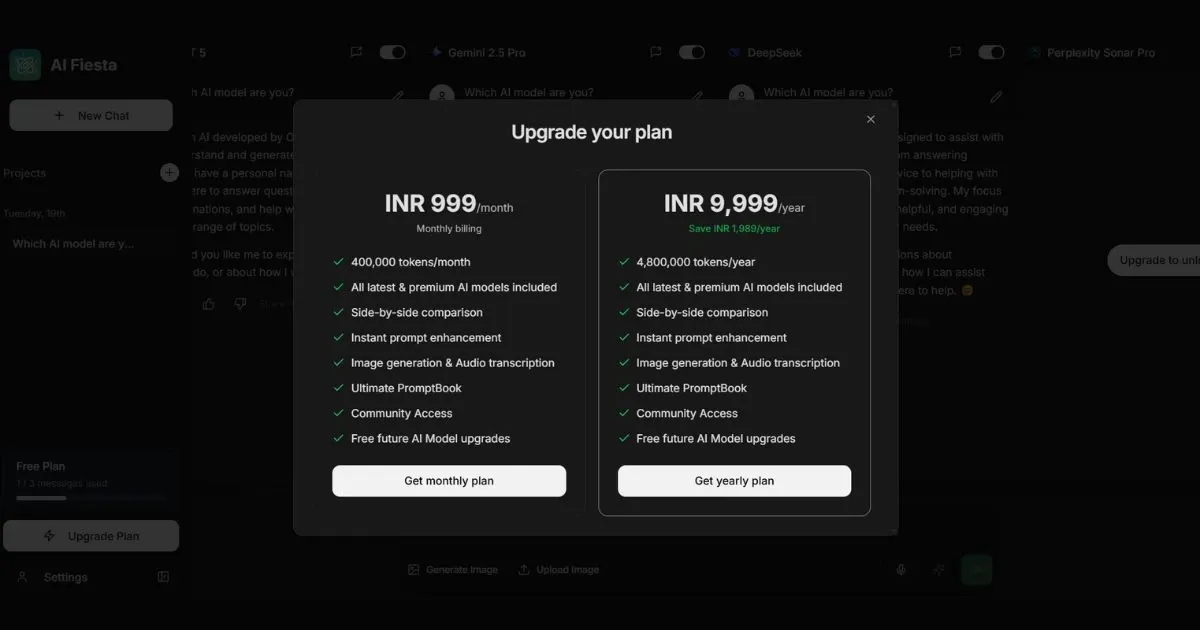Screenshot of AI Fiesta subscription plans showing 999 INR monthly and 9999 INR yearly pricing with token limits.