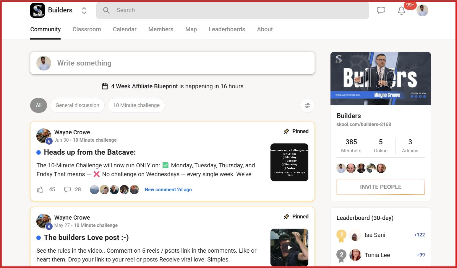 Screenshot of the OLSP Builders Skool community showing posts, member count, and leaderboard.