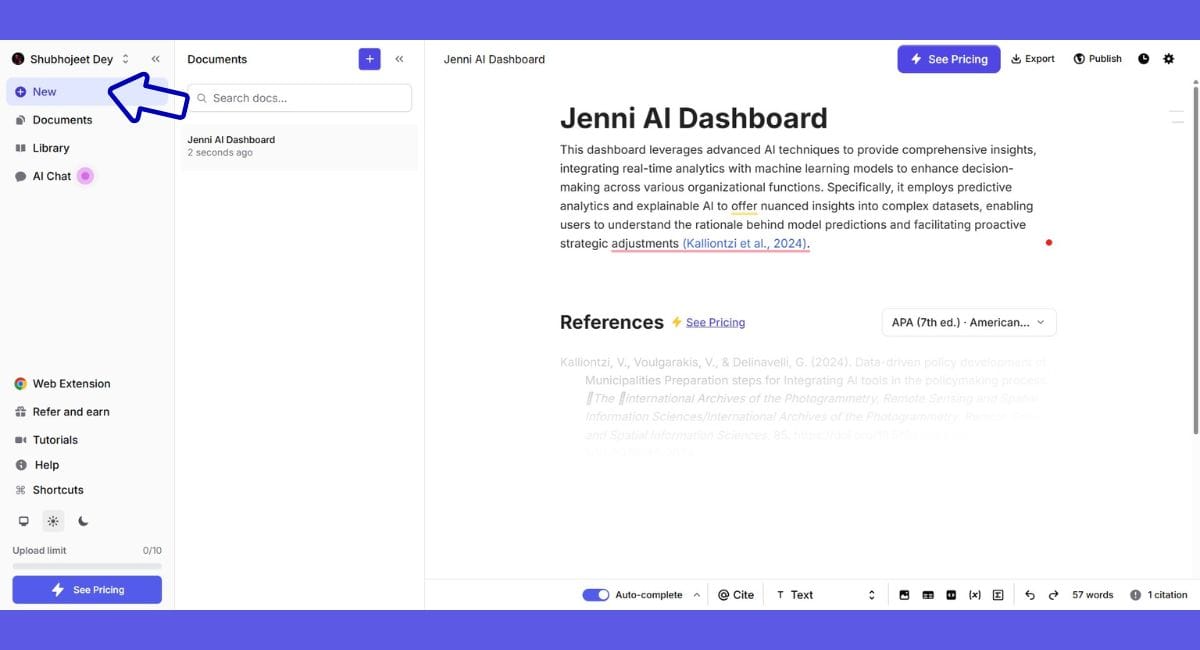 Jenni.ai sidebar with “New” option highlighted.