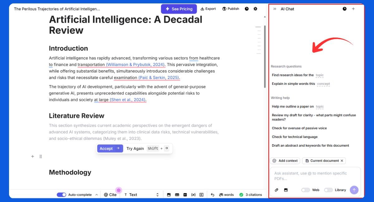 Screenshot of Jenni AI workspace showing AI Chat panel on the right side.
