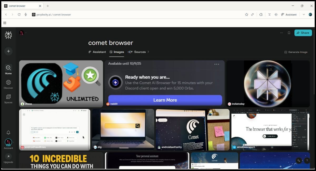 Comet Browser homepage in Perplexity AI interface showing search results, Comet and Perplexity logos, and browser preview images.