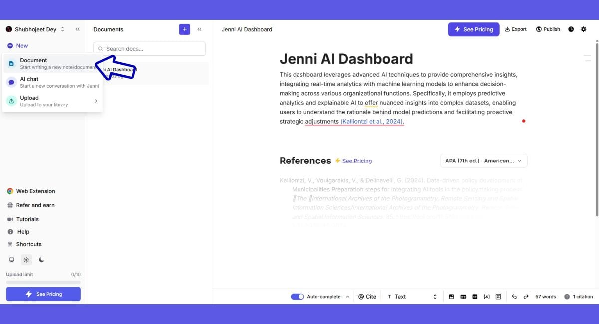 Dropdown menu showing options to create a new document or upload.