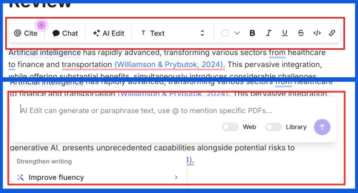 Screenshot highlighting AI Edit and citation toolbar options in Jenni AI editor.