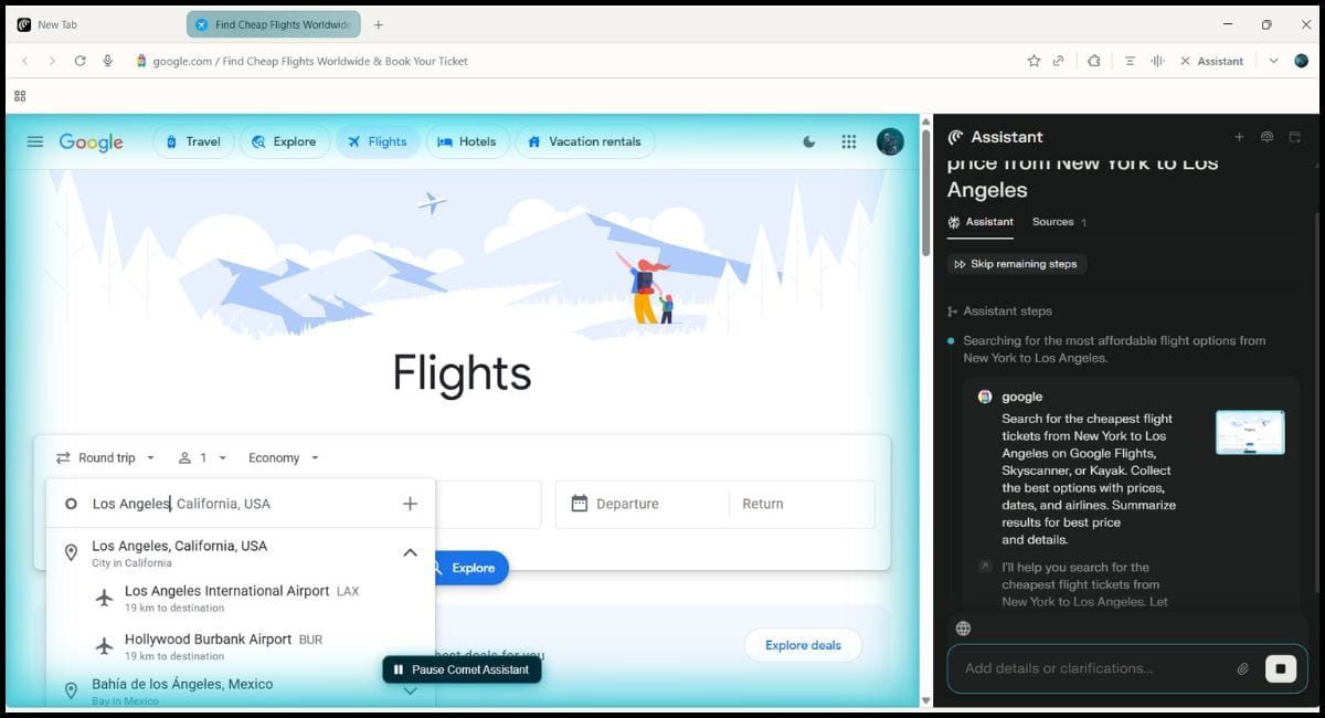Screenshot of Comet Browser using Google Flights to search for flight options from New York to Los Angeles with the AI Assistant panel open.