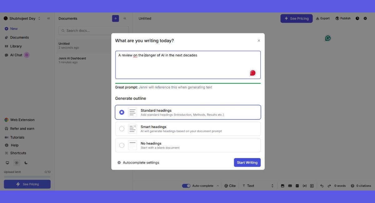 Prompt and outline selection screen for starting a new document.