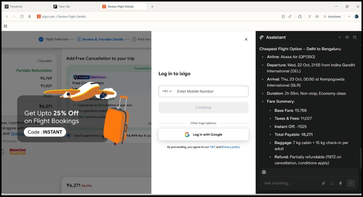 Screenshot showing Comet Browser Assistant completing a flight booking on Ixigo from Delhi to Bangalore with fare details displayed.
