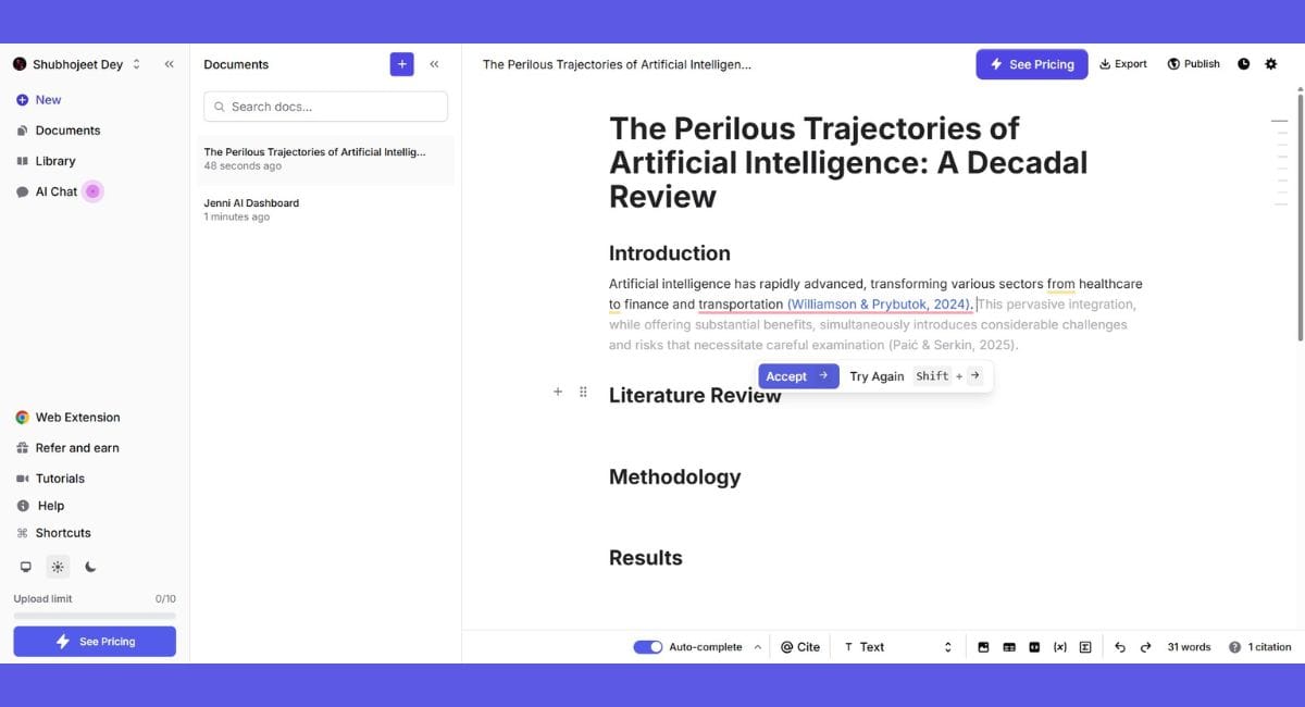 Document editor with academic outline and AI suggestions.