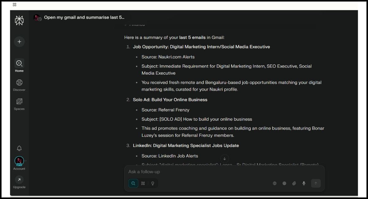 Comet Browser view showing Gmail integration where the AI Assistant summarizes the last five emails, including job alerts and marketing updates.