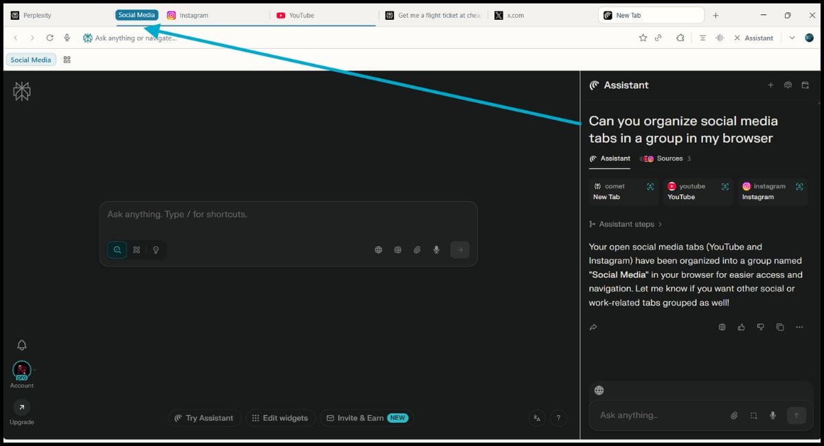 Comet Browser screenshot where the AI Assistant organizes YouTube and Instagram tabs into a Social Media group for better navigation.