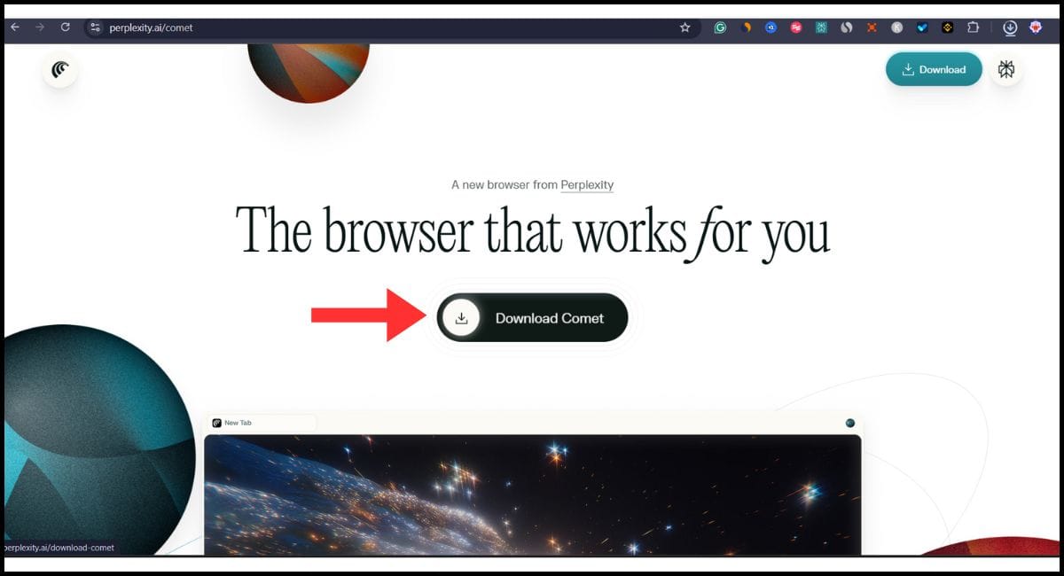 Perplexity AI Comet Browser official website page showing the “Download Comet” button with a red arrow pointing to it.