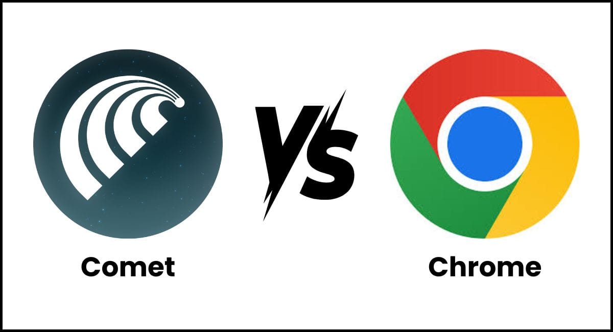 Comparison image showing Comet Browser logo on one side and Google Chrome logo on the other with a “VS” text in the middle.