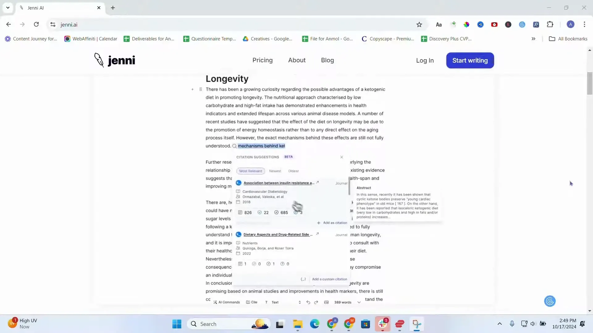Jenni.ai website showing citation suggestions in the editor.