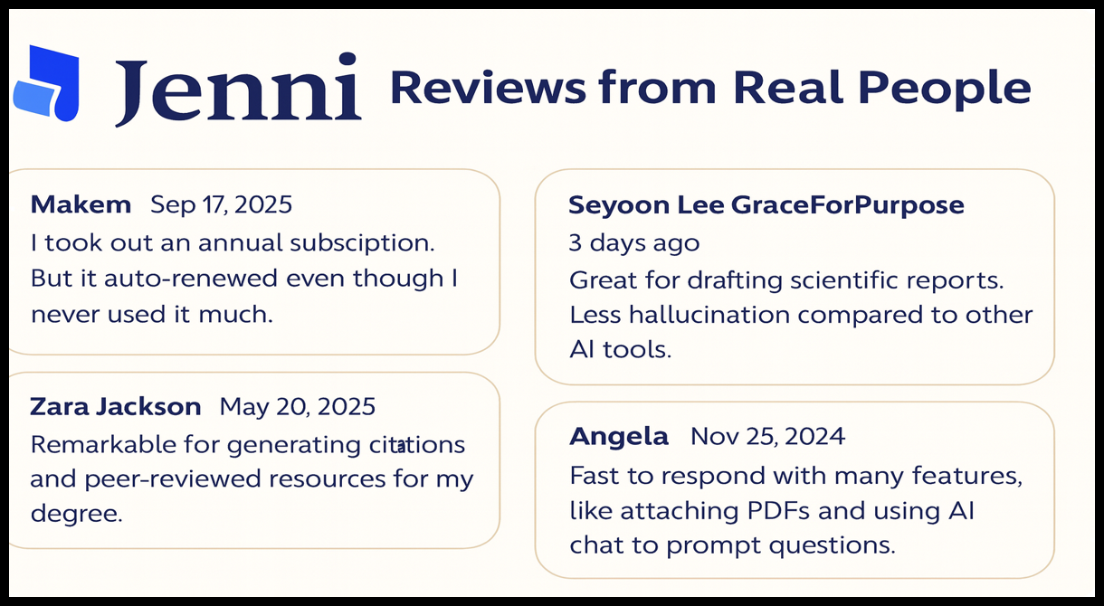 Image showing Jenni logo with four user reviews from real people.