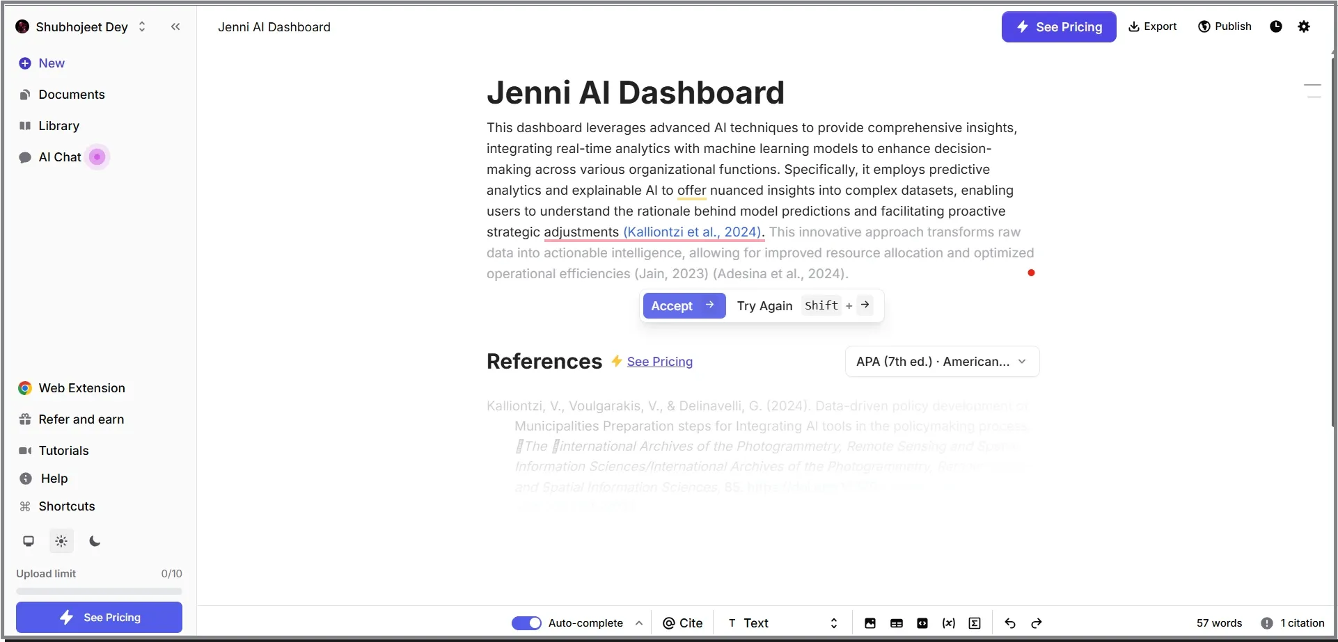 Jenni AI dashboard interface with references and AI tools visible.